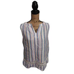 Crown & Ivy 100% Linen Striped Sleeveless Lace Trim V Neck Shirt Women's Medium